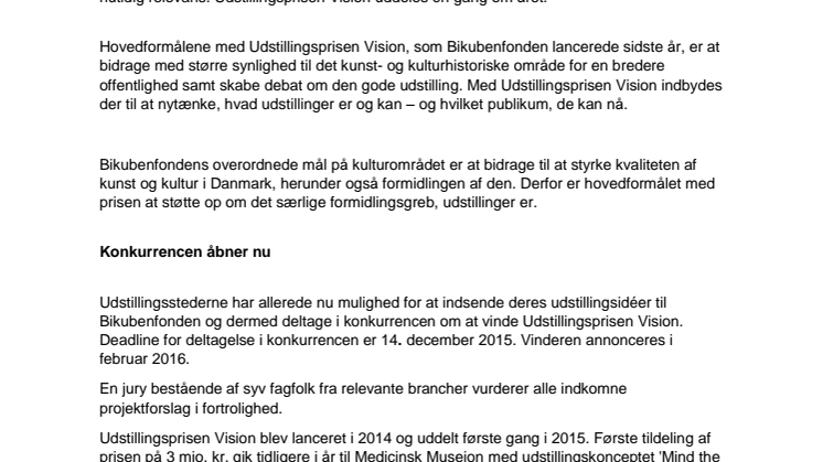 Indkaldelse af idéer til Udstillingsprisen Vision 2016