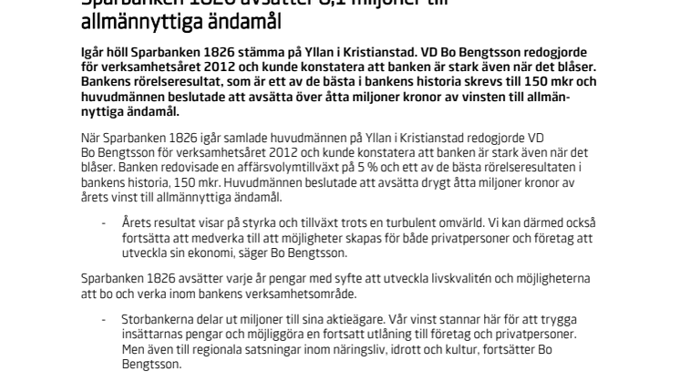 Sparbanken 1826 avsätter 8,1 miljoner till allmännyttiga ändamål