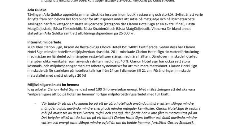 Clarion Hotel Sign finalist i tävlingen Arla Guldko för årets bästa miljöarbete
