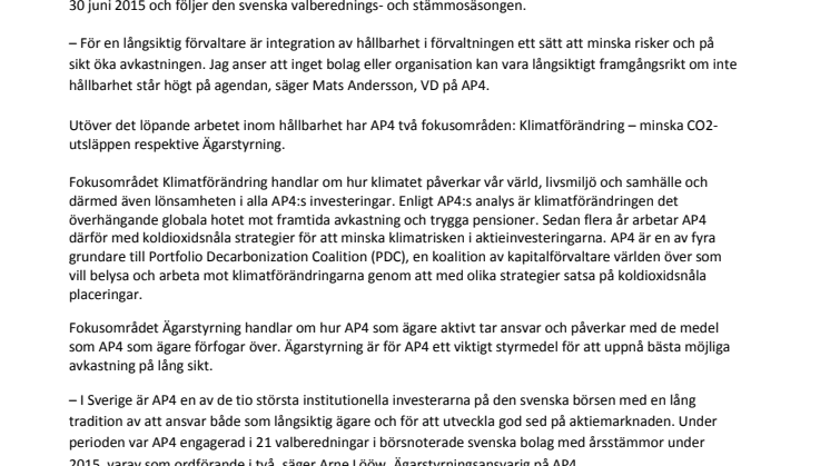 AP4 publicerar Hållbarhets- och ägarstyrningrapport för 2014/2015