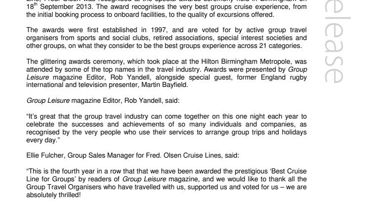 Fred. Olsen Cruise Lines celebrates a fourth victory as  ‘Best Cruise Line for Groups’ at the ‘Group Leisure Awards 2013’