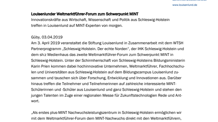 Louisenlunder Weltmarktführer-Forum zum Schwerpunkt MINT 