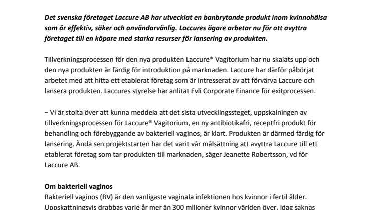 Laccures antibiotikafria receptfria produkt mot bakteriell vaginos färdig för kommersialisering