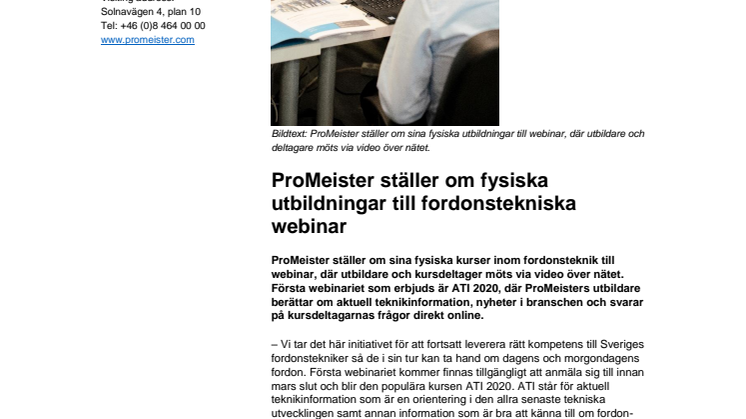 ProMeister ställer om fysiska utbildningar till fordonstekniska webinar