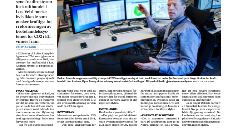 Presseklipp fra Fædrelandsvennen 10.02.2015 - Fallende strømpriser tredje året på rad