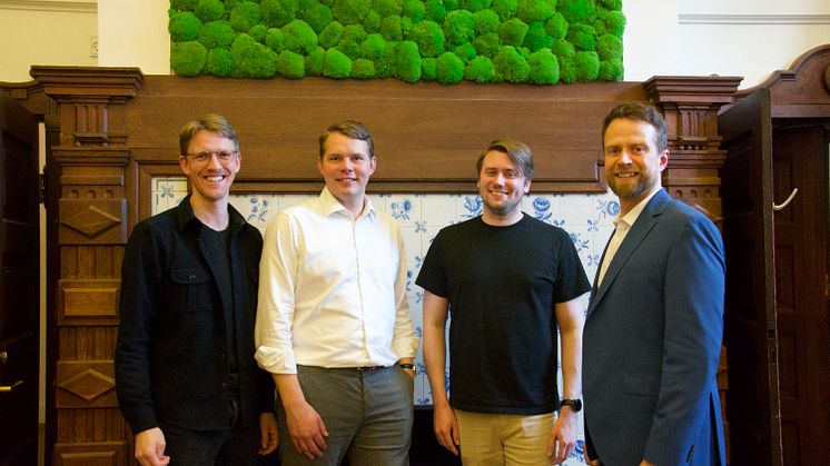The two Kvasir Technologies founders and the new investors: From the left: Mikkel Skytte Hejbøl (The Footprint Firm), Anders Bak Kristoffersen (Kvasir), Joachim Bachmann Nielsen (Kvasir), and Johan Bitsch Nielsen (EIFO)
