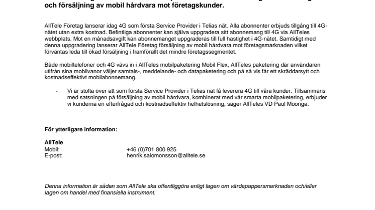 AllTele först att leverera 4G i Telias nät