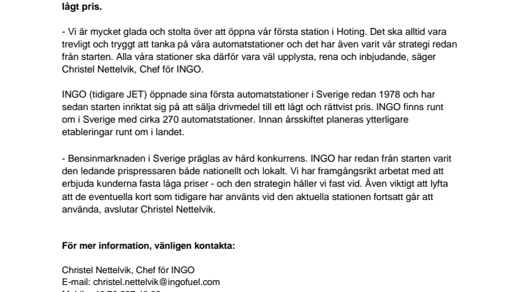 INGO har öppnat ny automatstation i Hoting