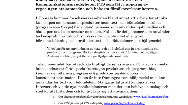 Uppsala blir försöksverksamhet inom bildtelefoni