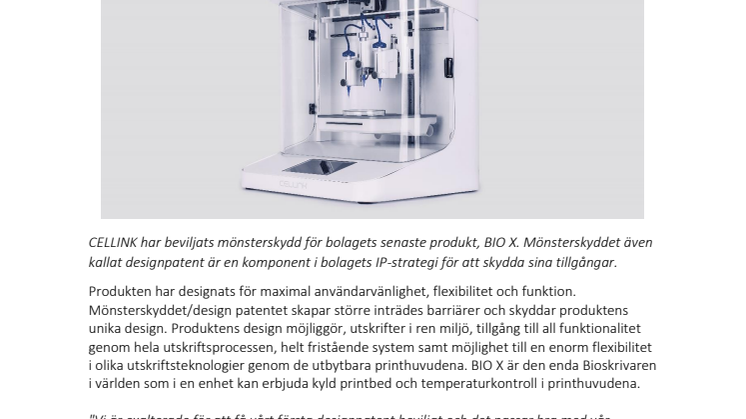 CELLINK beviljas mönsterskydd