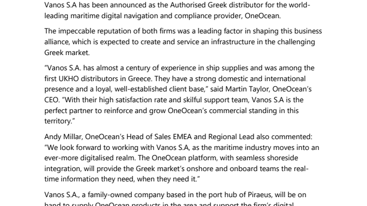 Vanos S.A. announced  as OneOcean’s Authorised Greek Distributor 