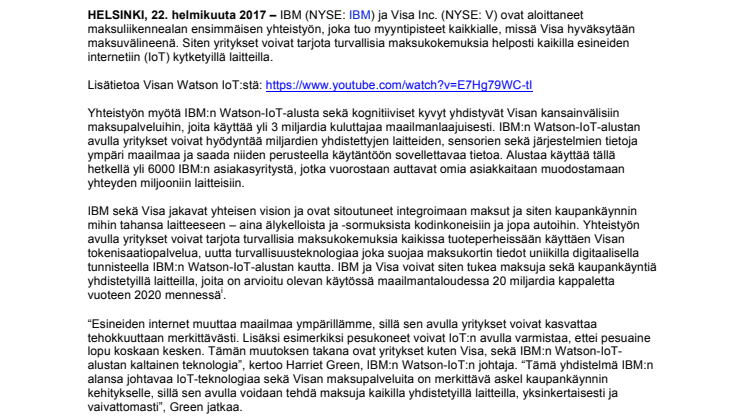 IBM ja Visa muuttavat autot, kodinkoneet sekä muut yhdistetyt laitteet myyntipisteiksi Watson Internet of Thingsin avulla