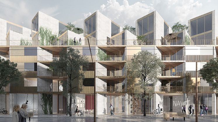 Visionsbilden visar Navet, Kärnhems och Arkitema Architects vinnande förslag för kvarteret mellan Nobelparken och Brunnshögs torg i centrala Brunnshög. 