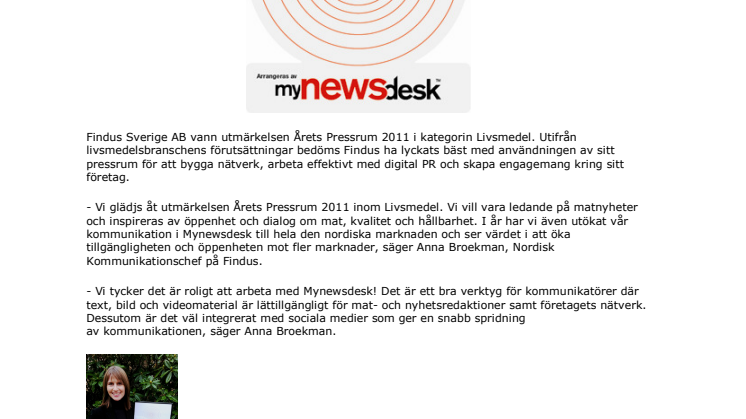 Findus Sverige AB vinnare av Årets Pressrum 2011 