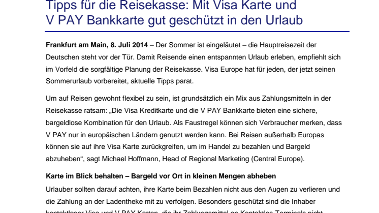 Tipps für die Reisekasse: Mit Visa Karte und V PAY Bankkarte gut geschützt in den Urlaub