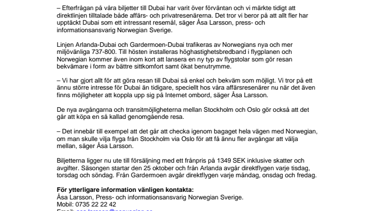 Norwegian får fler avgångar per vecka till Dubai i vinter
