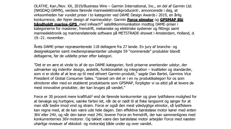 Garmin® vinder to DAME Design Awards for Force™ og GPSMAP® 86i