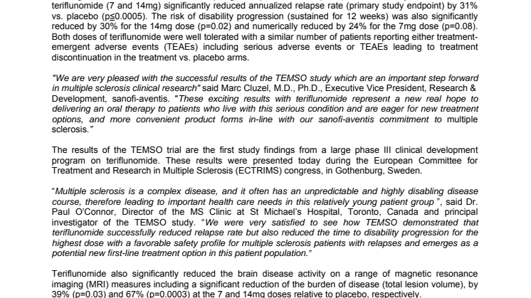 Teriflunomide Successfully Reduces Relapses and is Well Tolerated in Multiple Sclerosis Patients