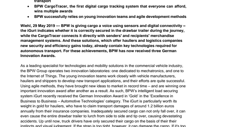BPW receives German Innovation Awards for digital cargo securing and freight tracking – two key technologies for autonomous transport