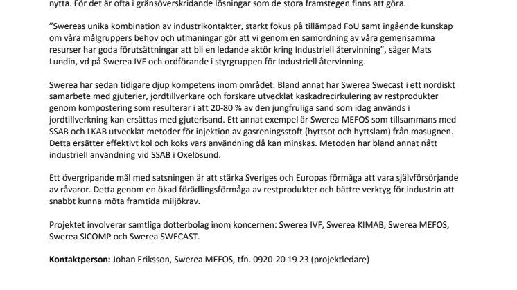 Swerea storsatsar på industriell återvinning