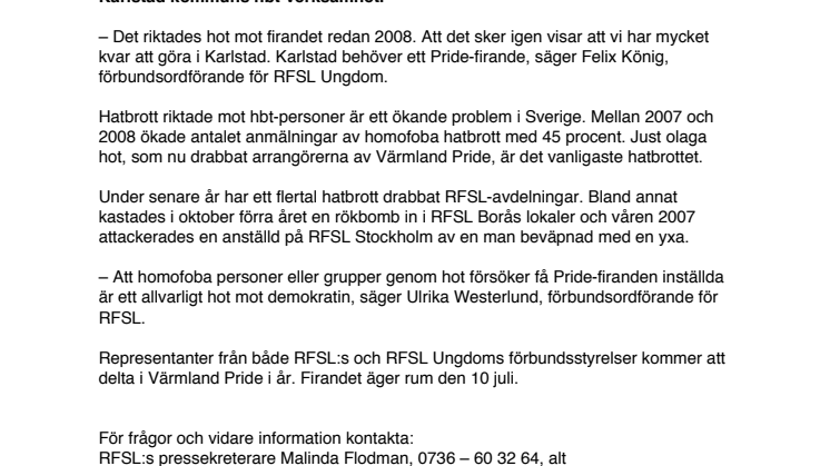 Pride-arrangörer i Karlstad utsatta för allvarliga hot