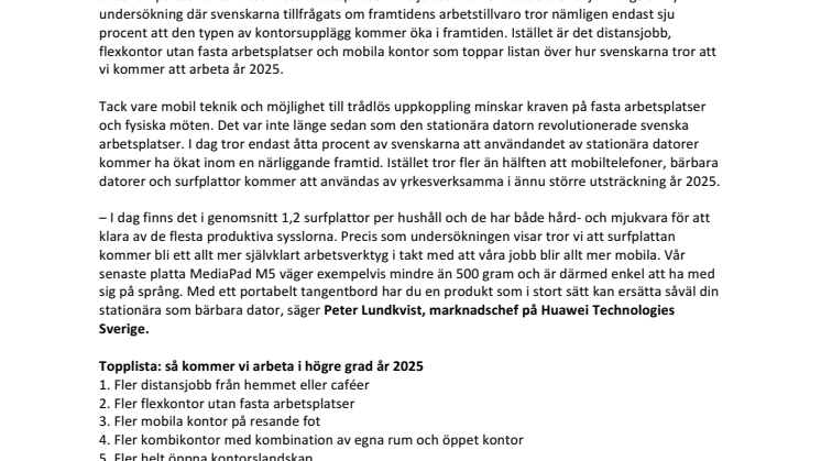 Ny undersökning från Huawei:  Fler distansjobb och mobila kontor – så ser svenskarna på morgondagens arbetssätt