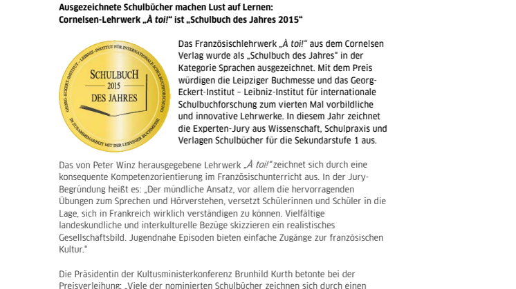 Ausgezeichnete Schulbücher machen Lust auf Lernen: Cornelsen-Lehrwerk „À toi!“ für Französisch ist „Schulbuch des Jahres 2015“ 