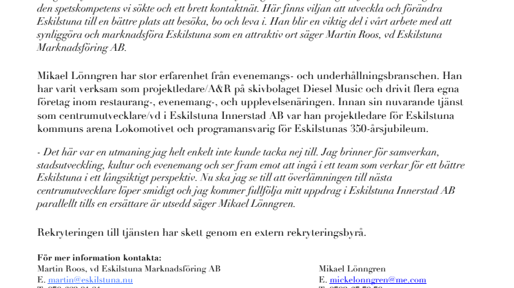 Eskilstuna Marknadsföring rekryterar Evenemangschef.