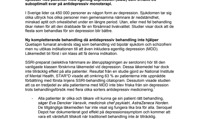Läkemedelsverket godkänner Seroquel Depot som tilläggsbehandling vid egentlig depression