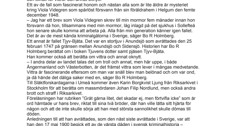 Föreläsningar om massmördare och mysterier under Släktforskardagarna i Umeå