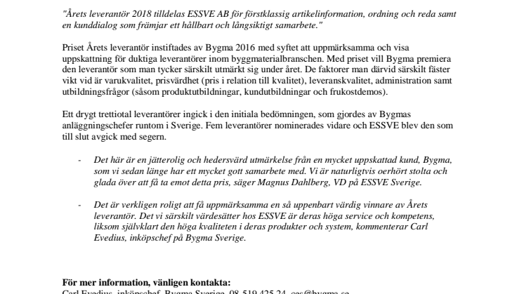 Bygmas pris Årets leverantör går till ESSVE