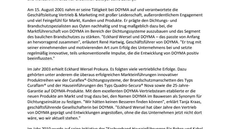 DOYMA-Pressemitteilung: "Prägende und erfolgreiche Jahre" - Eckhard Wersel geht in den Ruhestand 