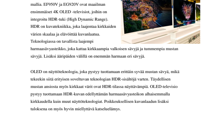 LG LANSEERAA MAAILMAN ENSIMMÄISEN 4K OLED -TELEVISION HDR-TUELLA