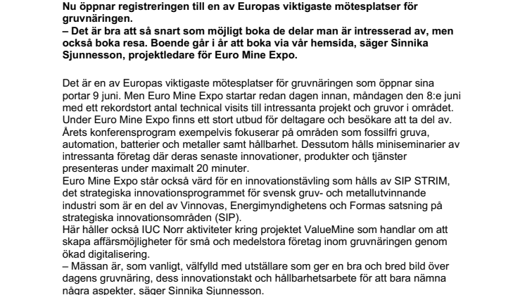 Nu öppnar registreringen till årets Euro Mine Expo som är fyllt av intressanta inslag