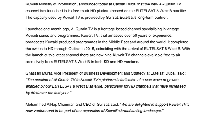 Gulfsat and Eutelsat welcome Kuwait TV’s Al-Qurain TV in HD to EUTELSAT 8 West B satellite