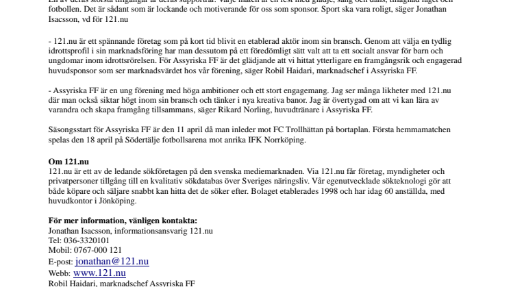 121.nu blir ny huvudsponsor till Assyriska FF
