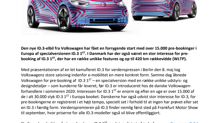 Over 15.000 har pre-booket den nye Volkswagen ID.3 1st elbil