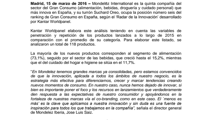 Mondelez, entre las cinco compañías más innovadoras del sector del Gran Consumo