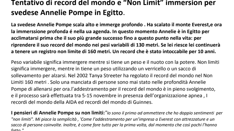 Tentativo di record del mondo e "Non Limit" immersion per svedese Annelie Pompe in Egitto