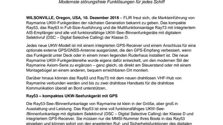 FLIR bringt die nächste Generation von Raymarine UKW-Funkgeräten auf dem Markt