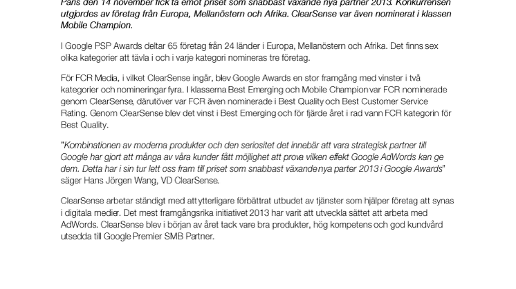 ClearSense får pris som snabbast växande Googlepartner