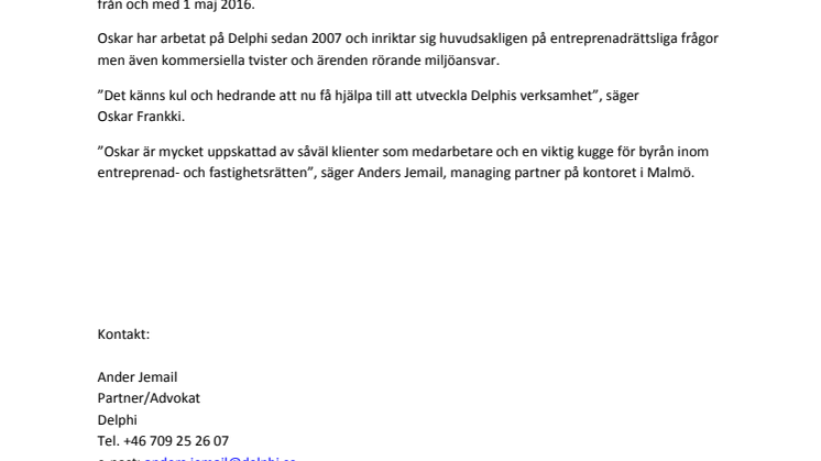 Oskar Frankki ny partner på Delphi