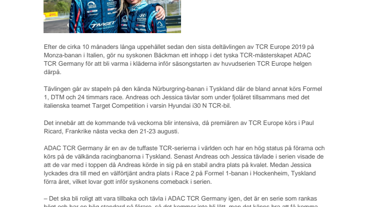 Bäckmans inviger säsongen med inhopp i den tyska TCR-serien