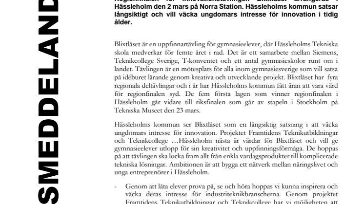 Svenskt gymnasiemästerskap för innovatörer i Hässleholm den 2 mars