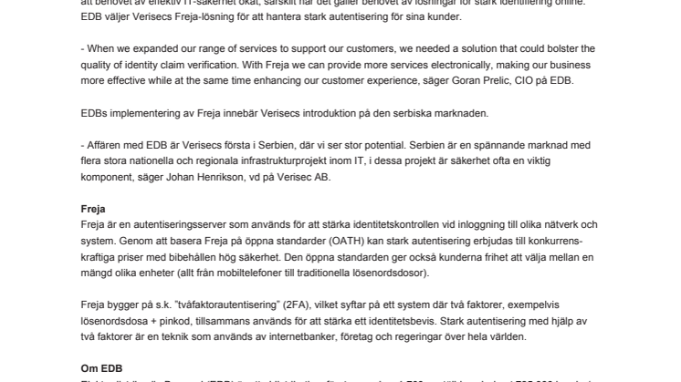 Verisec levererar lösning för stark autentisering till EDB – Serbiens största eldistributör