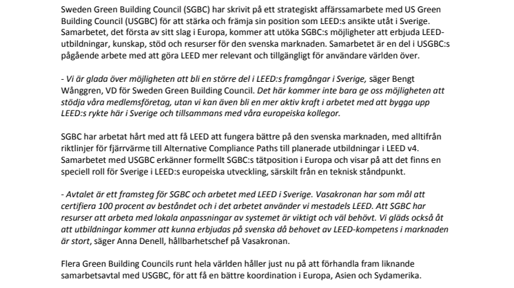 Sweden Green Building Council tecknar strategiskt affärssamarbete med US Green Building Council