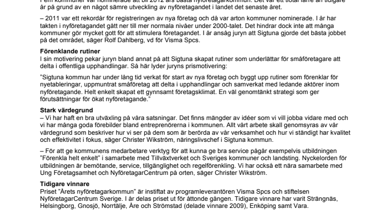 Bra företagsklimat ger Sigtuna titeln Årets nyföretagarkommun