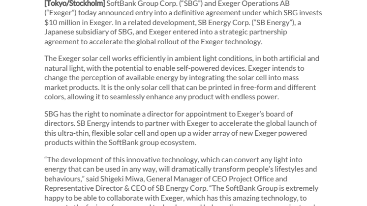 The SoftBank Group Enters Strategic Partnership with Exeger and Invests to Accelerate Deployment of Exeger Solar Technology 