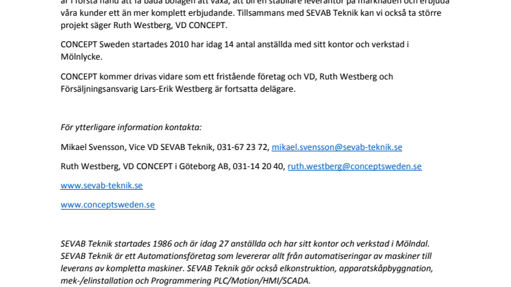 SEVAB Teknik majoritetsägare i CONCEPT i Göteborg AB