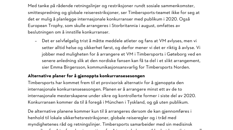 STIHL TIMBERSPORTS® avlyser VM 2020 i Partille Arena, Gøteborg